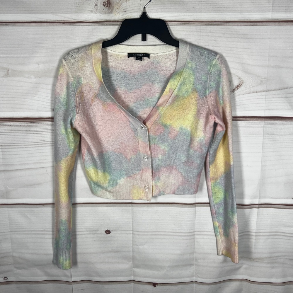 Acrobat Cropped Cardigan Women XS Multicolor Tie Dye Wool Cashmere Blend V-Neck‎